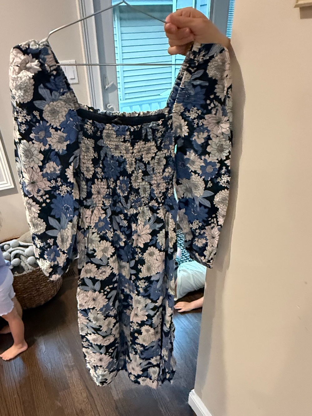 J. Crew Navy Blue Floral Smocked Midi Dress